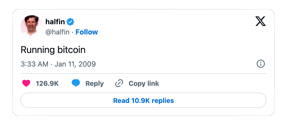 Hal Finney “Running Bitcoin” tweet January 11 2009 first Bitcoin tweet