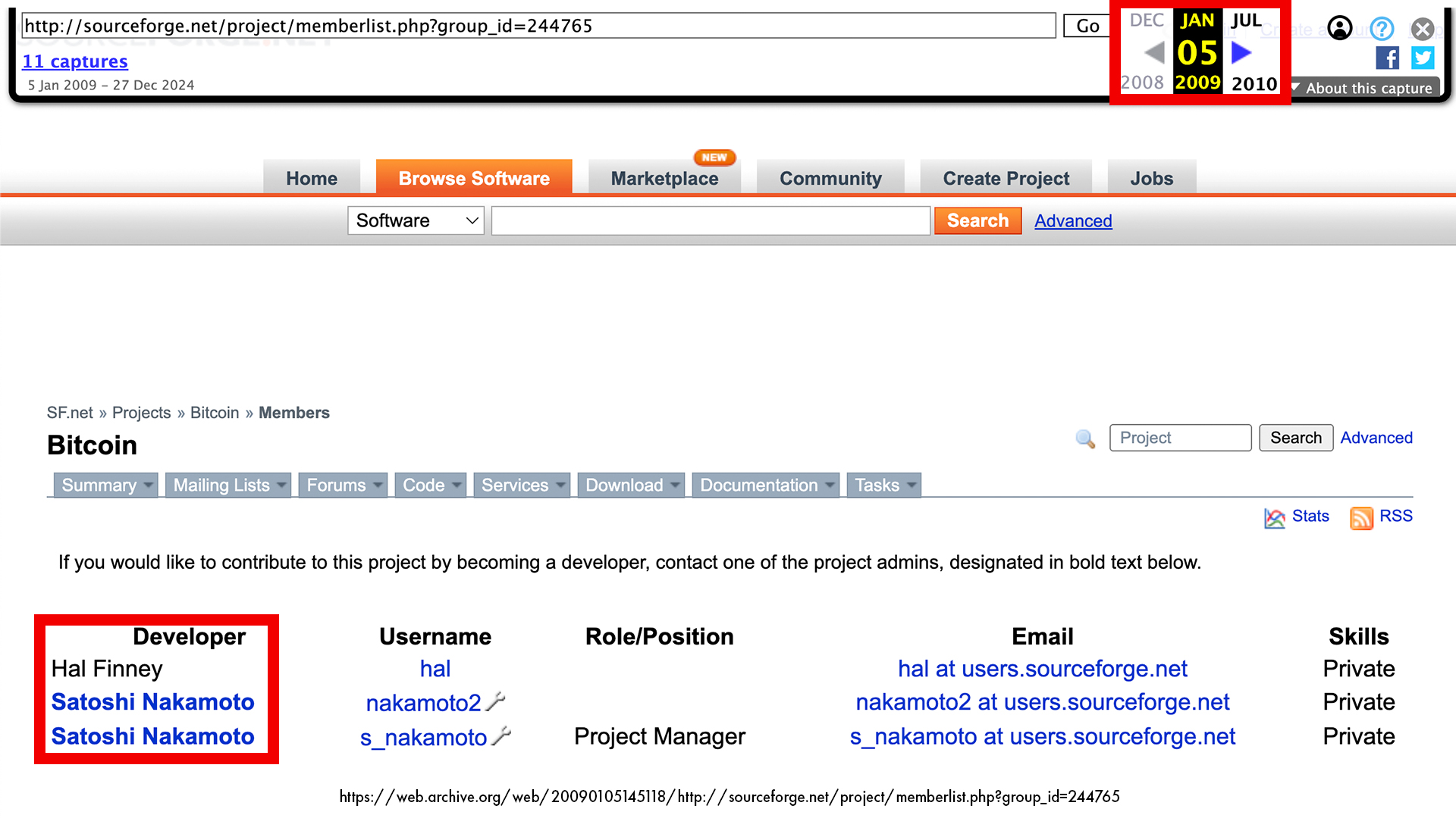 Web archive snapshot 5 January 2009, Hal Finney and Satoshi Nakamoto the only listed Bitcoin developers on SourceForge, three days before the Bitcoin launch