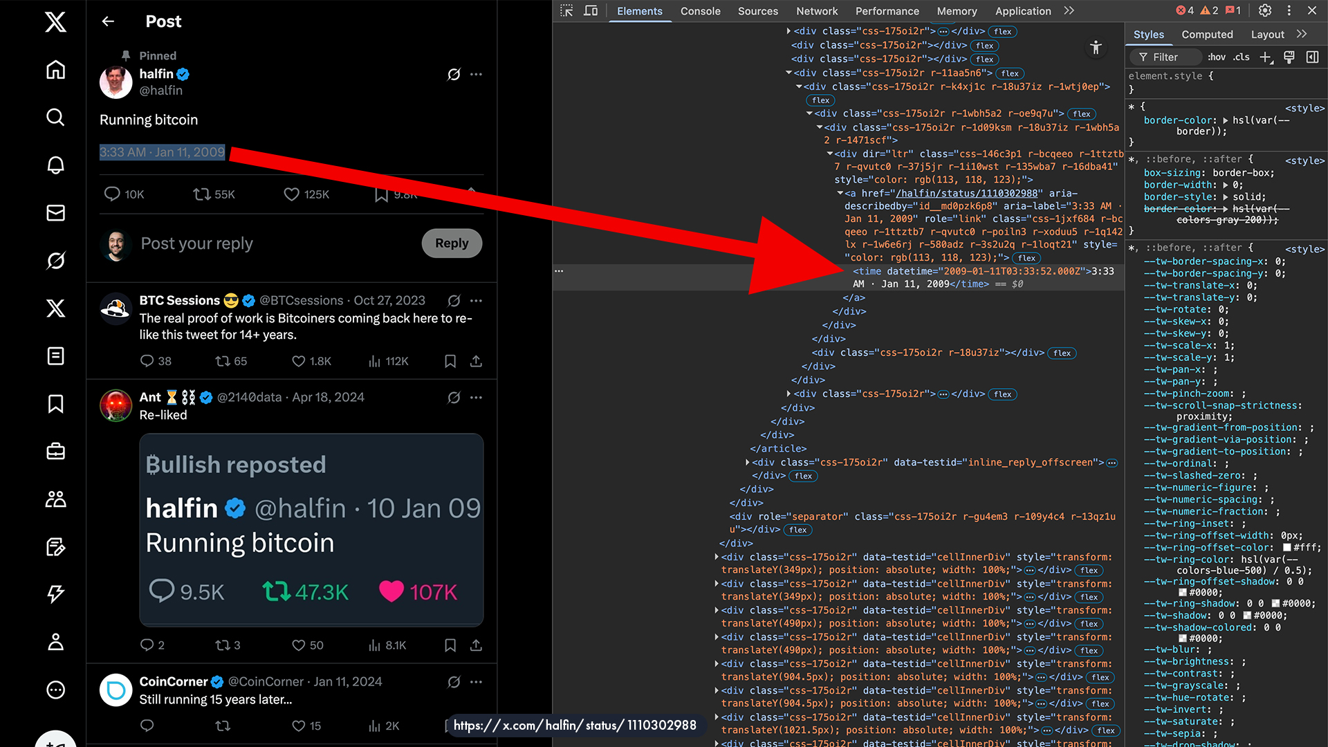 Hal Finney’s “Running Bitcoin” tweet on January 11, 2009, Time zone imnspection zulu UTC +0
