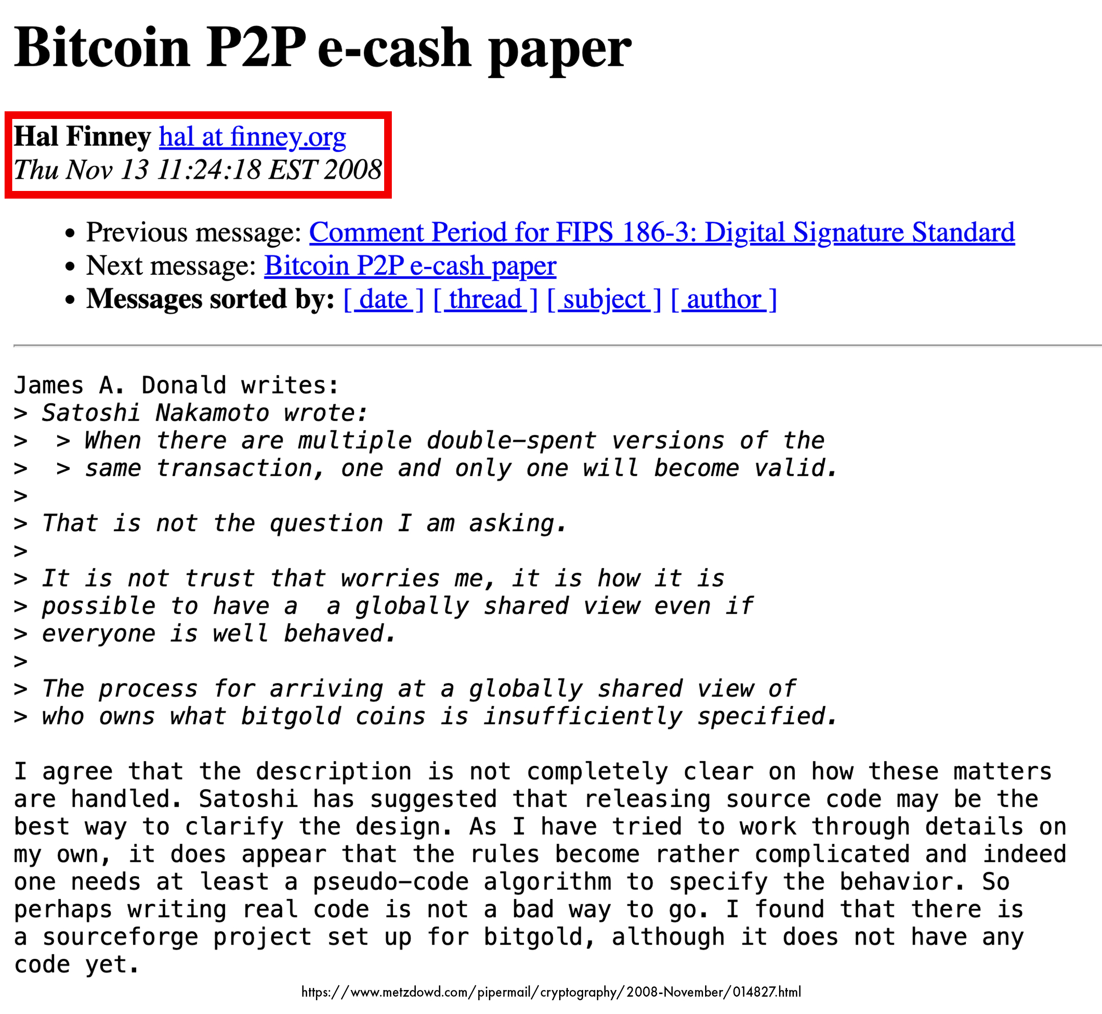 hal finney discusses releasing bitcoin source code in response to satoshi nakamoto’s bitcoin whitepaper on cryptography mailing list november 13 2008