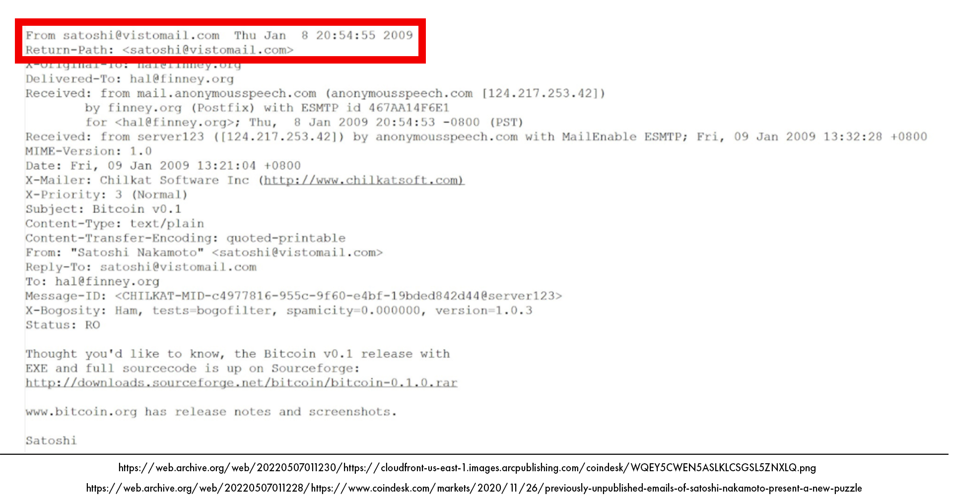 satoshi nakamoto private email to hal finney announcing first bitcoin client v0.1 release January 8 2009 with full email headers and metadata