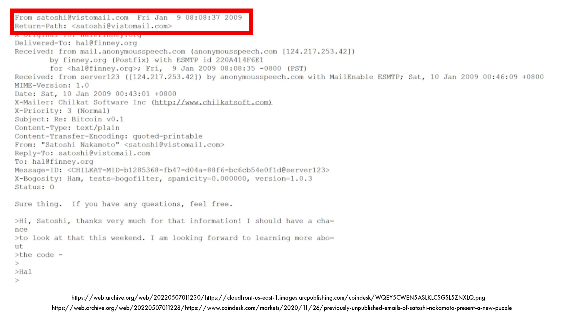 hal finney private email to satoshi nakamoto about reviewing the first bitcoin client over the weekend january 9 2009 with full email headers and metadata