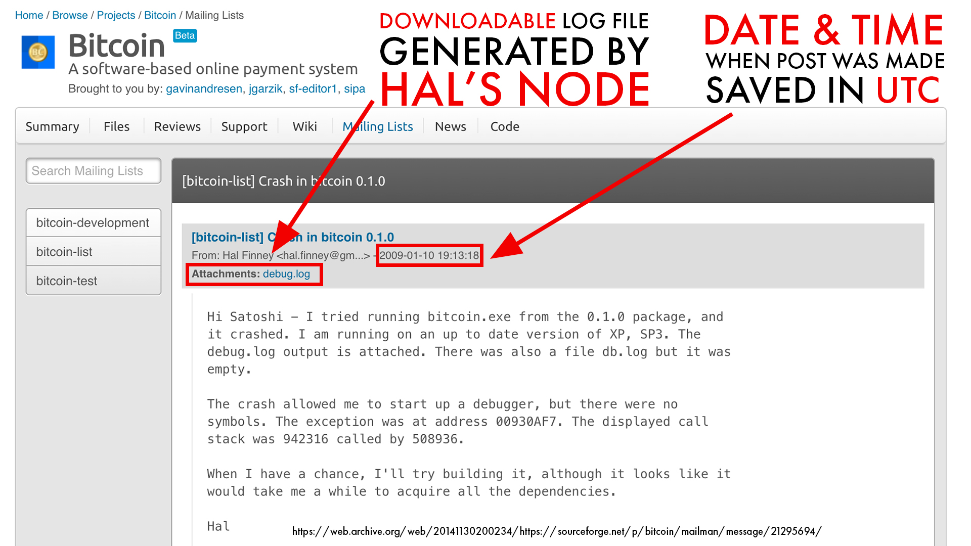 hal finney sourceforge mailing list post about bitcoin v0.1 crash and debug.log file from his bitcoin node