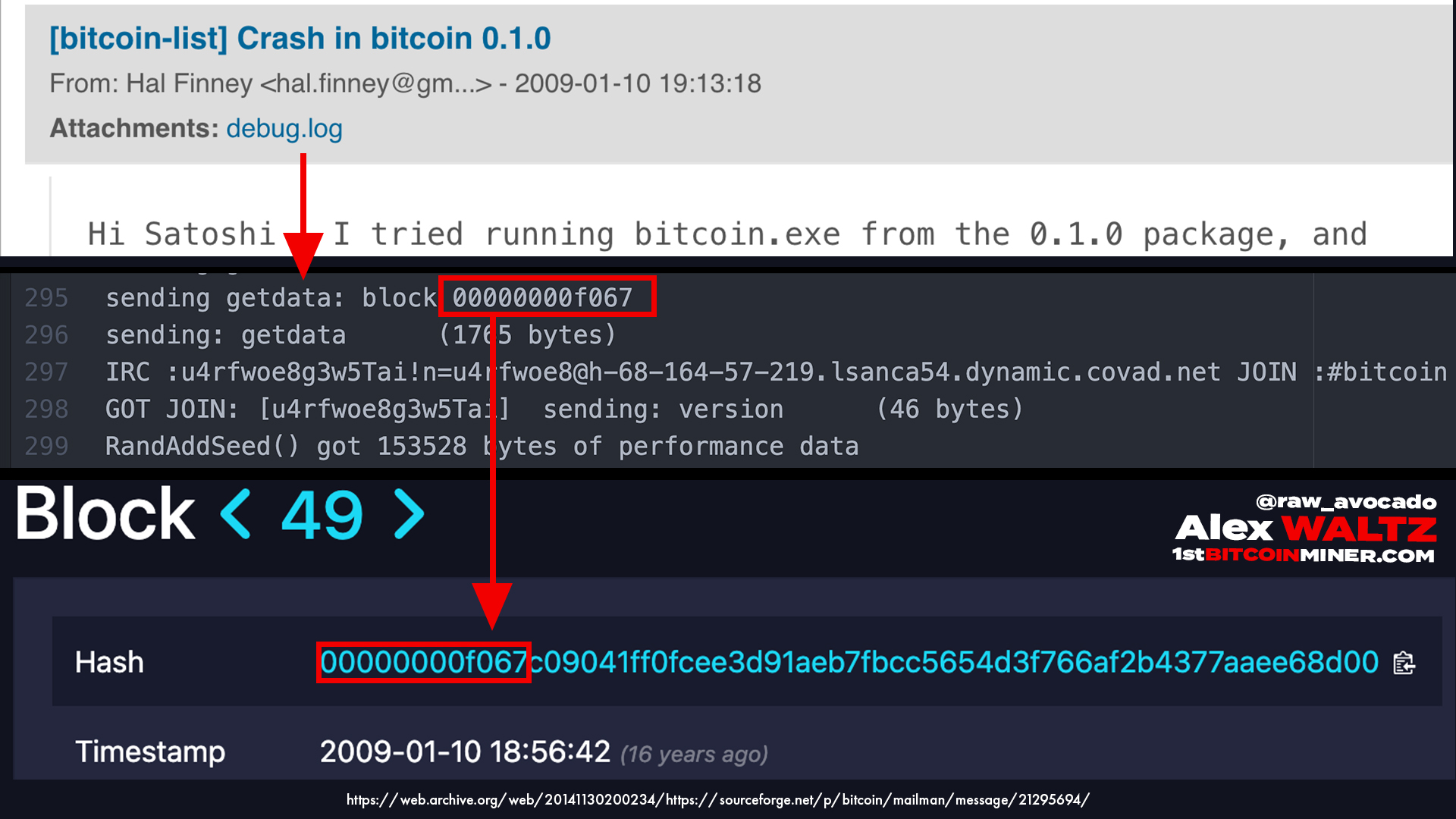Hal Finney joins Bitcoin network at block 49 after Bitcoin v0.1 client crash, confirmed by node debug.log
