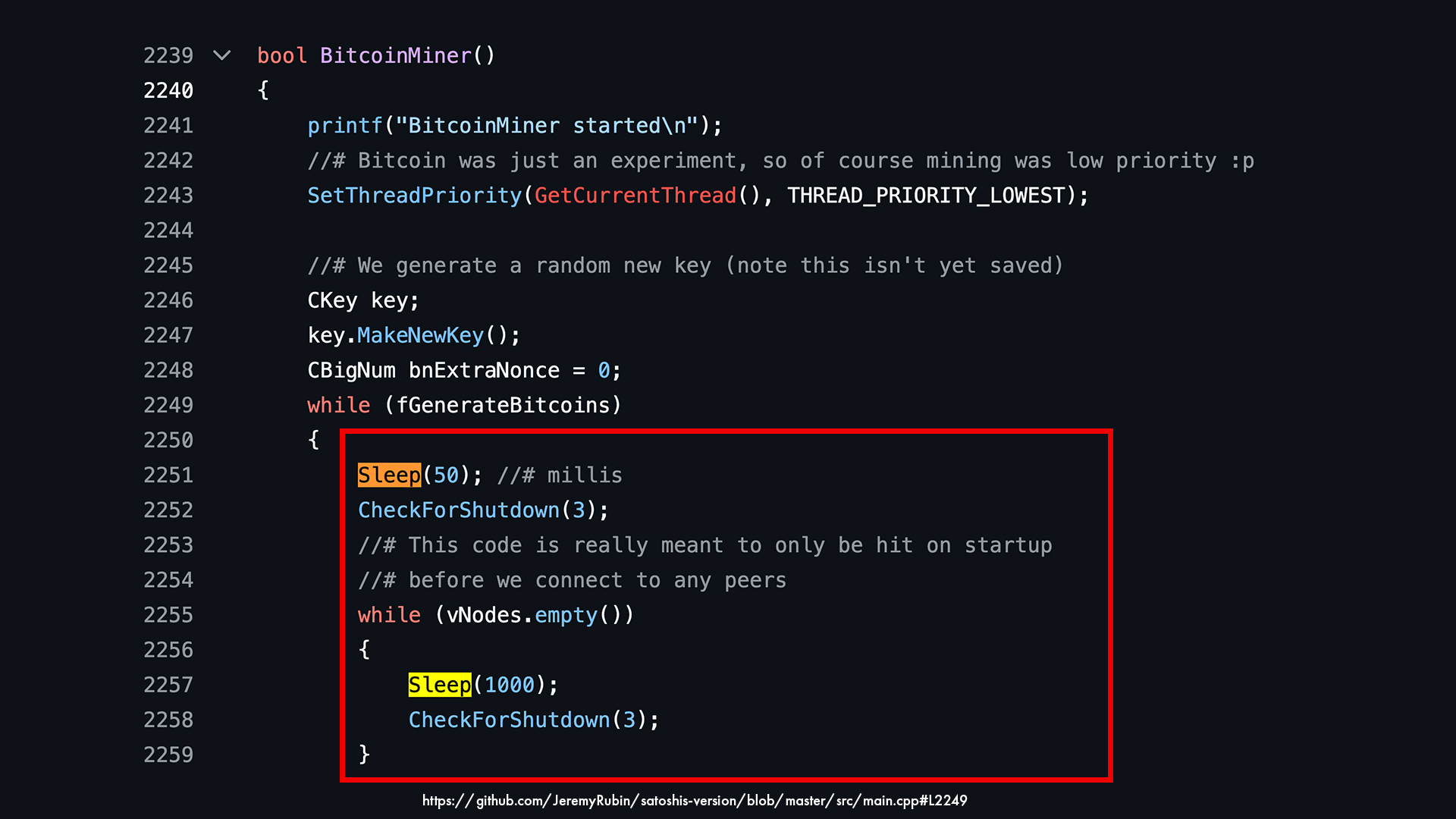 first bitcoin client v0.1 not mining without peers connected, source code from satoshi nakamoto’s original release