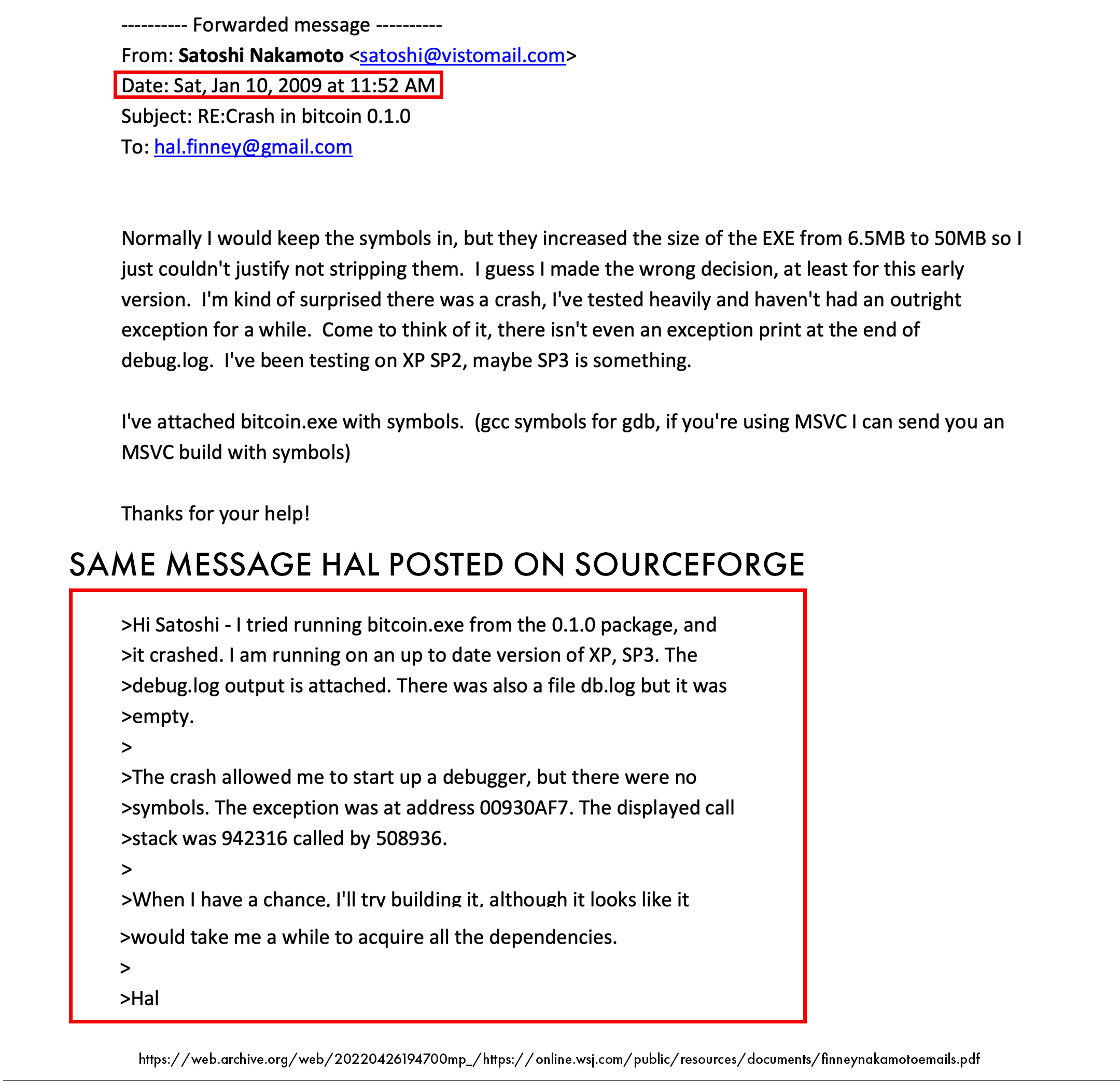 Satoshi Nakamoto private email to Hal Finney’s Bitcoin v0.1 client crash SourceForge post