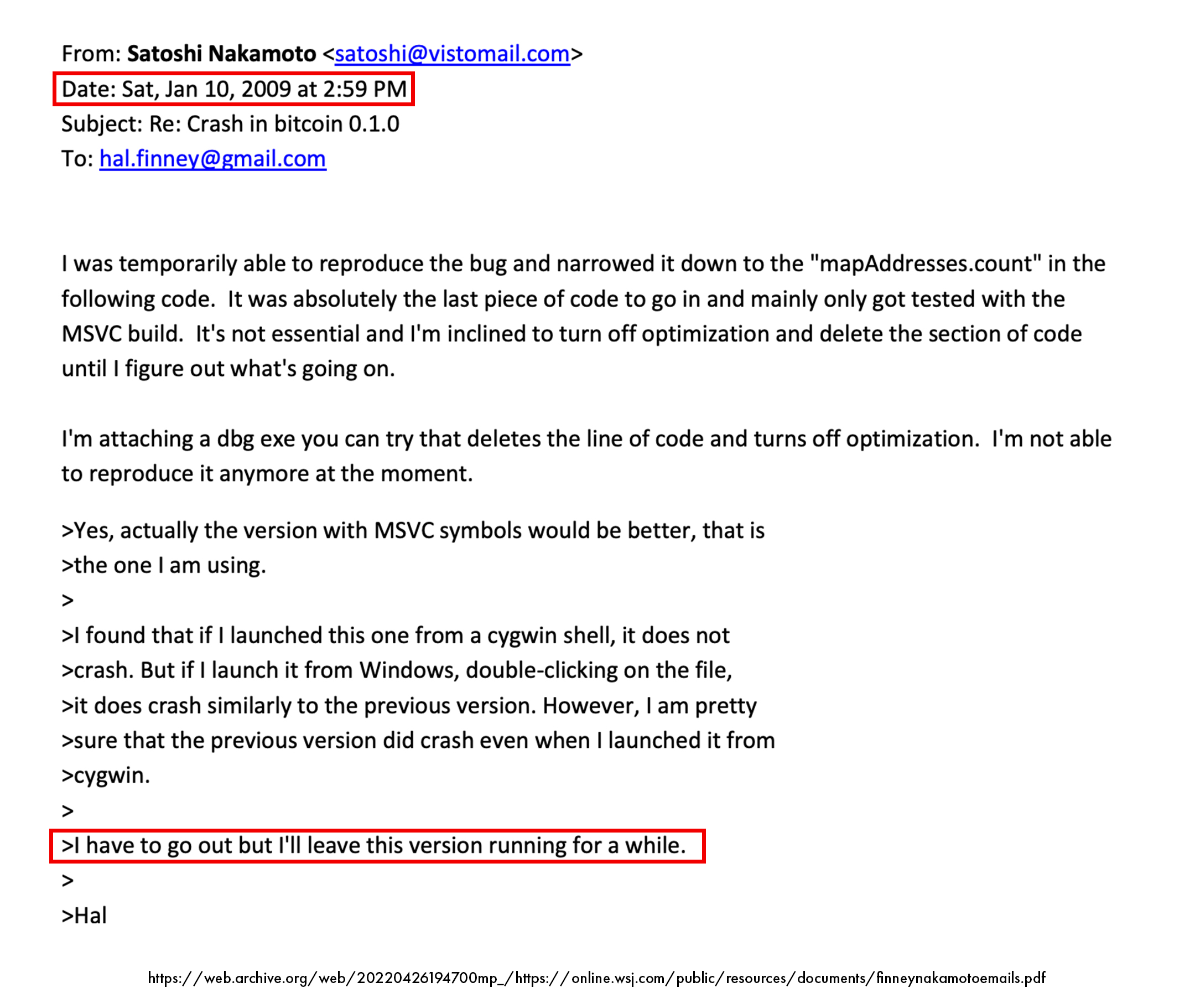 Hal Finney private email to Satoshi Nakamoto about running Bitcoin v0.1 then crashing