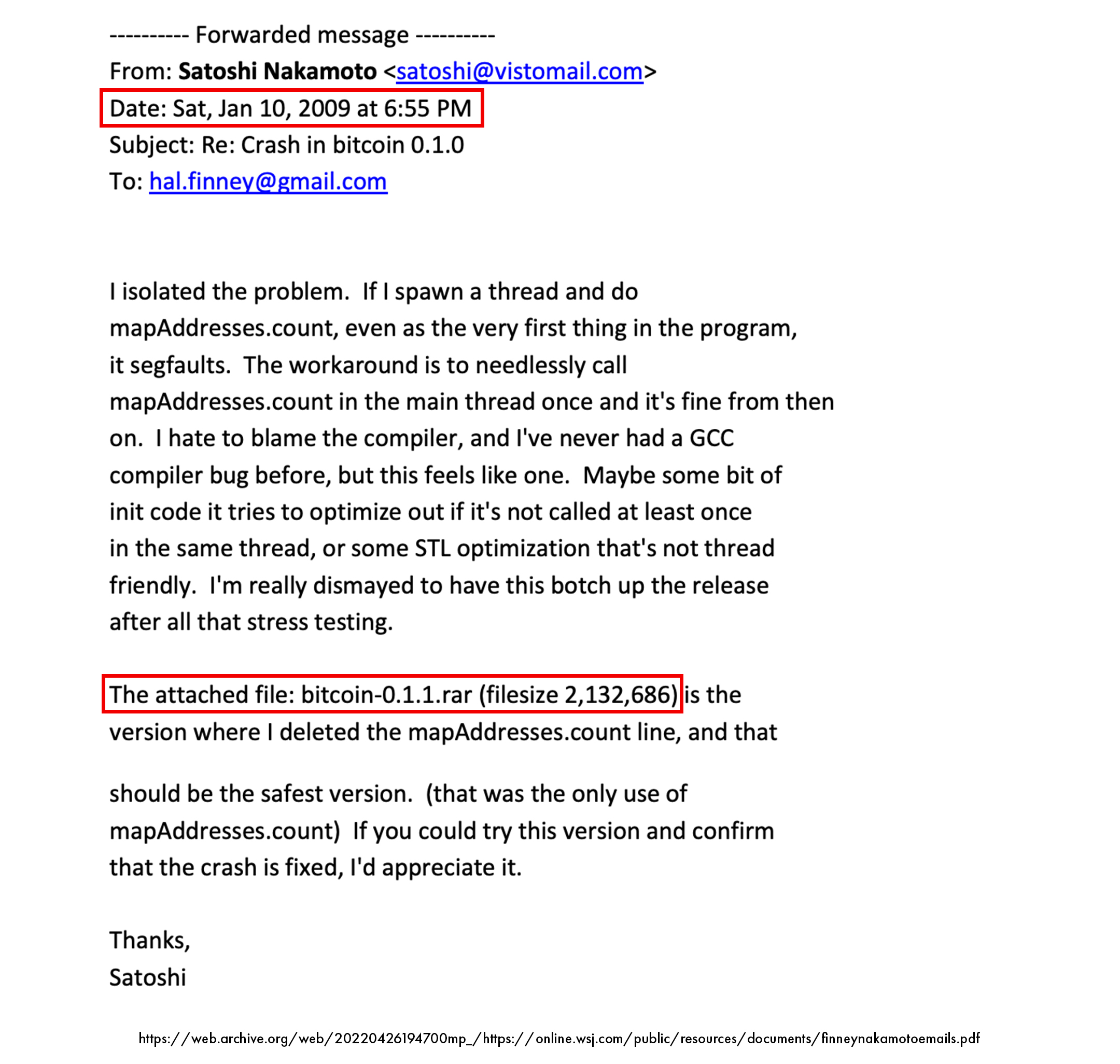 Satoshi Nakamoto sends Hal Finney Bitcoin v0.1.1 first bugfix release private email conversation