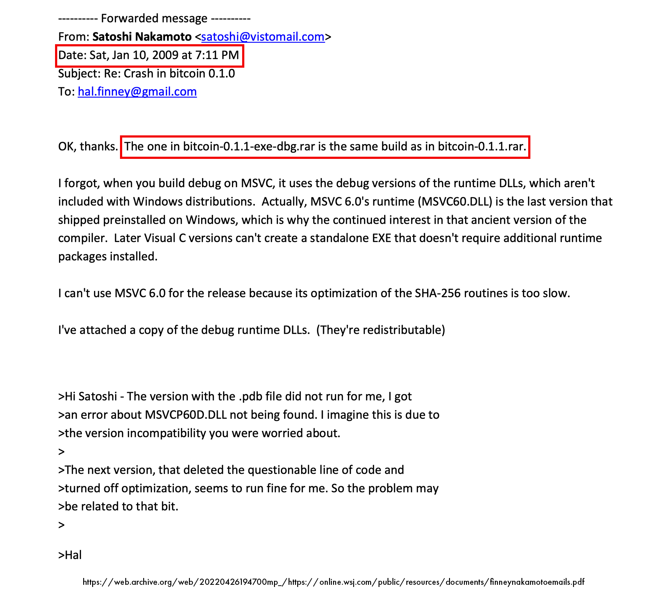 Satoshi Nakamoto sends Hal Finney Bitcoin v0.1.1 debug version first bugfix release private email conversation