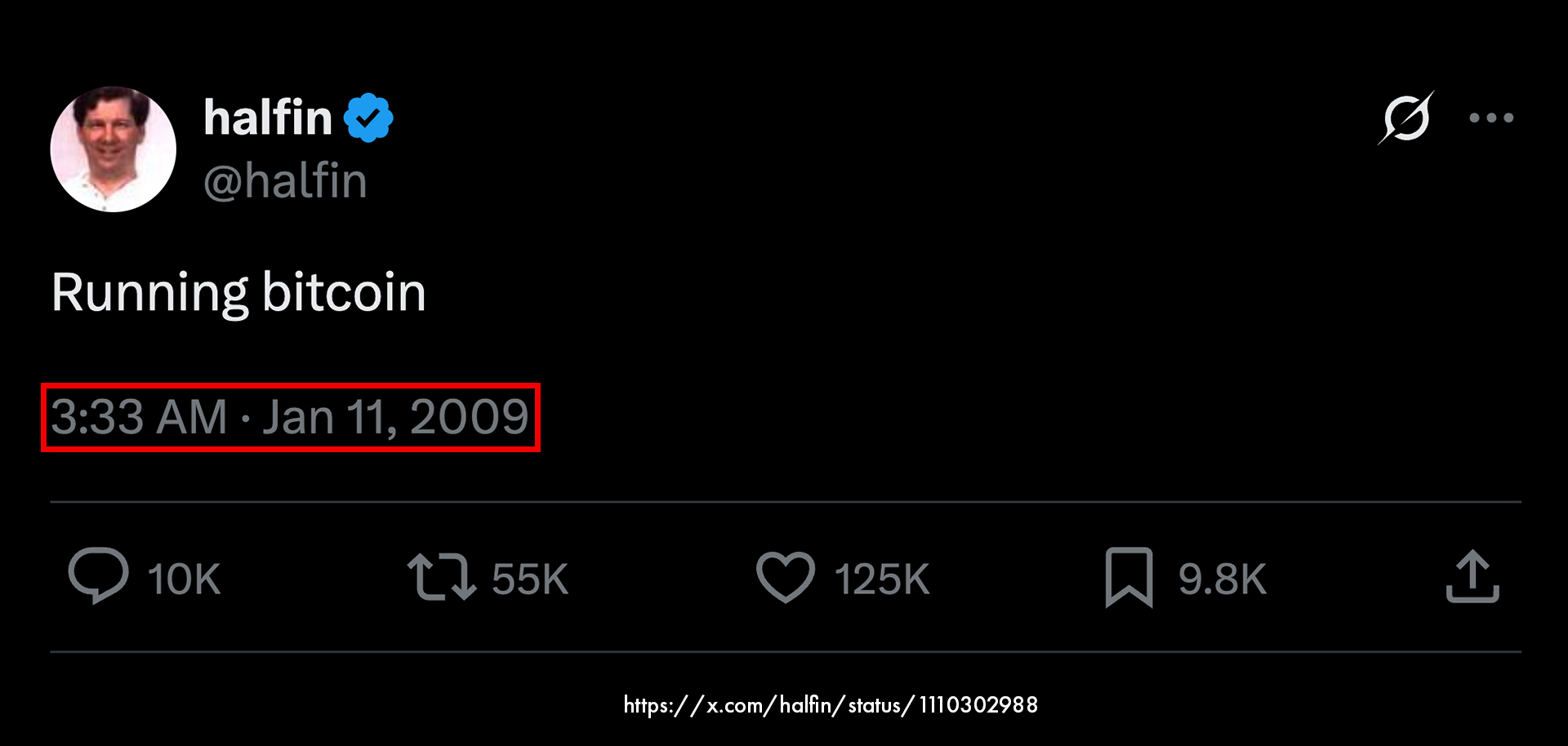 Hal Finney Running Bitcoin tweet January 11 2009 first Bitcoin tweet