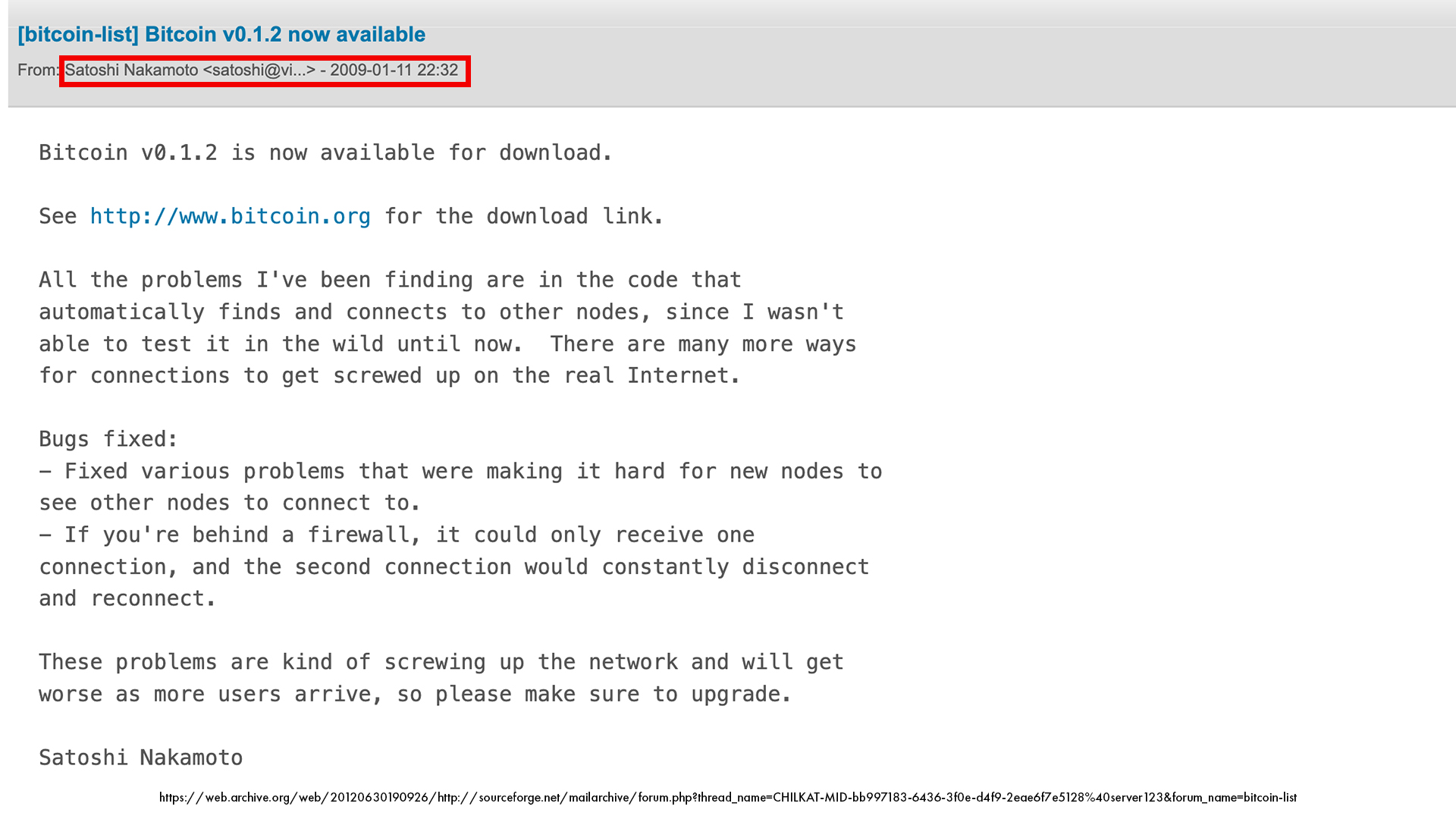 Satoshi Nakamoto SourceForge announcement Bitcoin v0.1.2 first bugfix