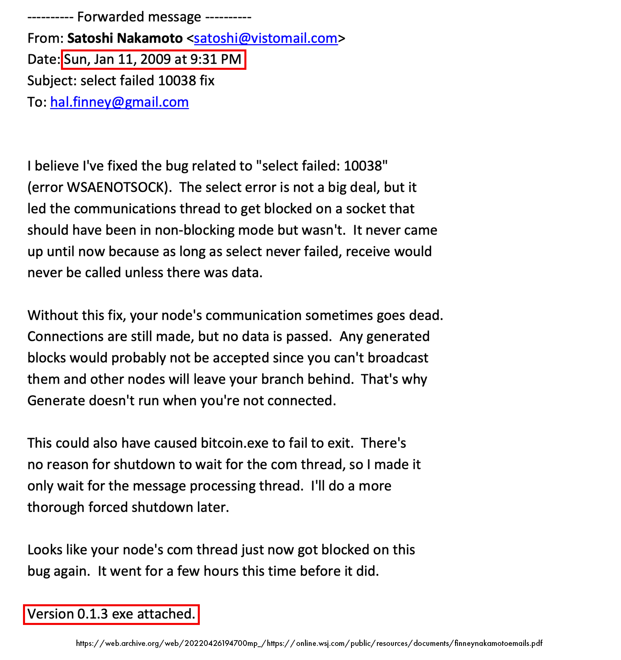 Satoshi Nakamoto sends Hal Finney Bitcoin v0.1.3 bugfix release first working version private email