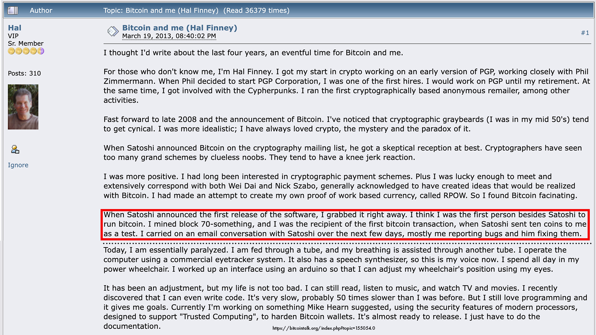 Hal Finney Bitcoin and Me Bitcointalk reflection post