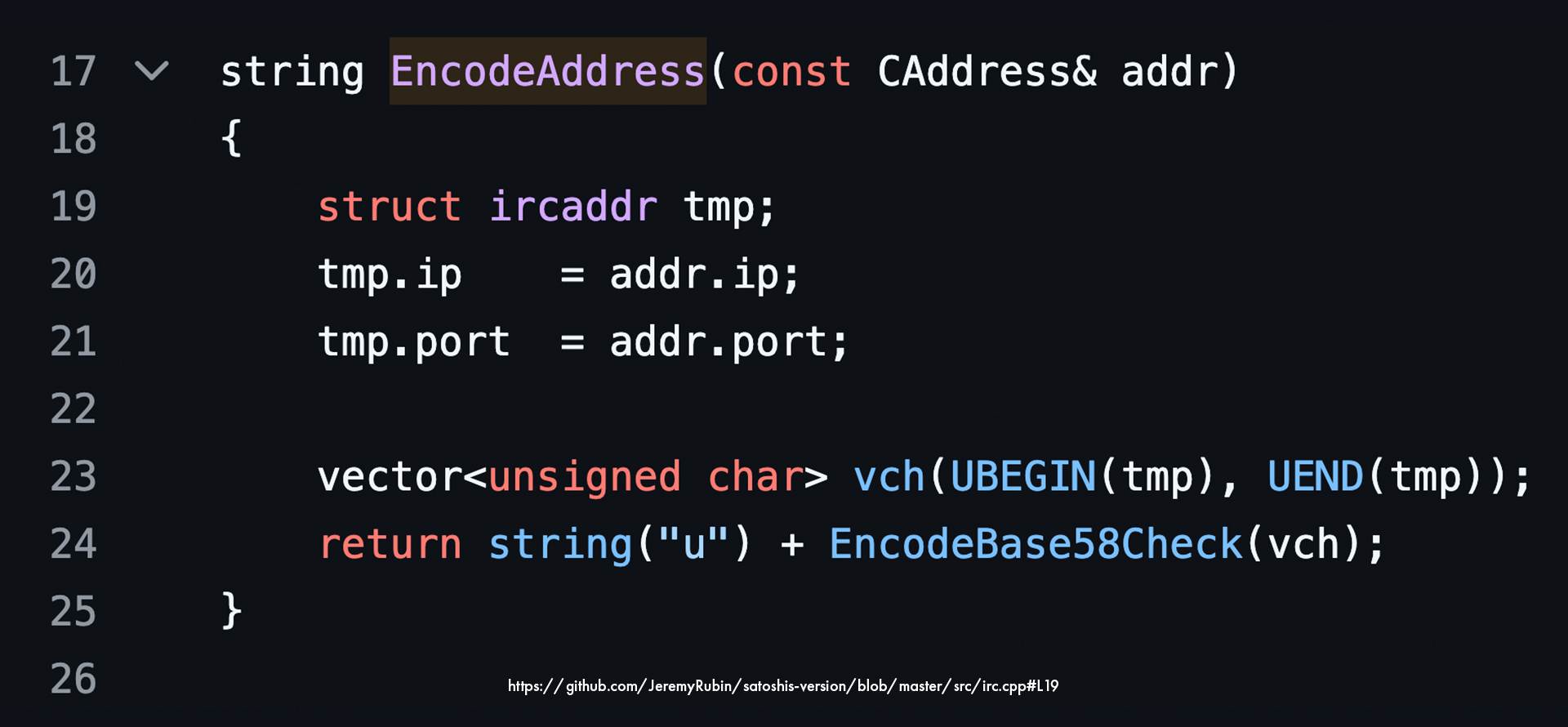 First Bitcoin client v0.1 source code encoding IRC identity for node IP address