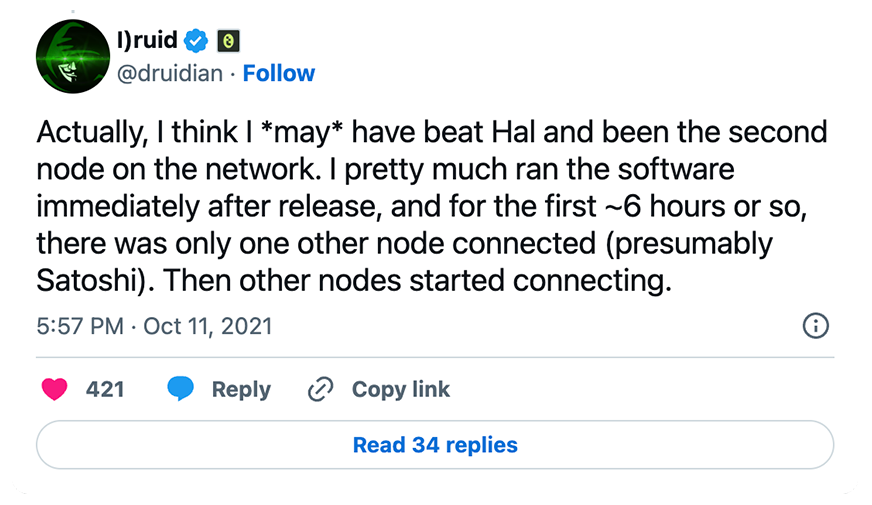 Dustin Trammell @druidian tweet, x post, beat Hal Finney, second node on Bitcoin network after Satoshi Nakamoto