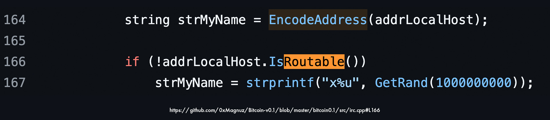 First Bitcoin client v0.1 source code encoding IRC identity for node, Tor IP address