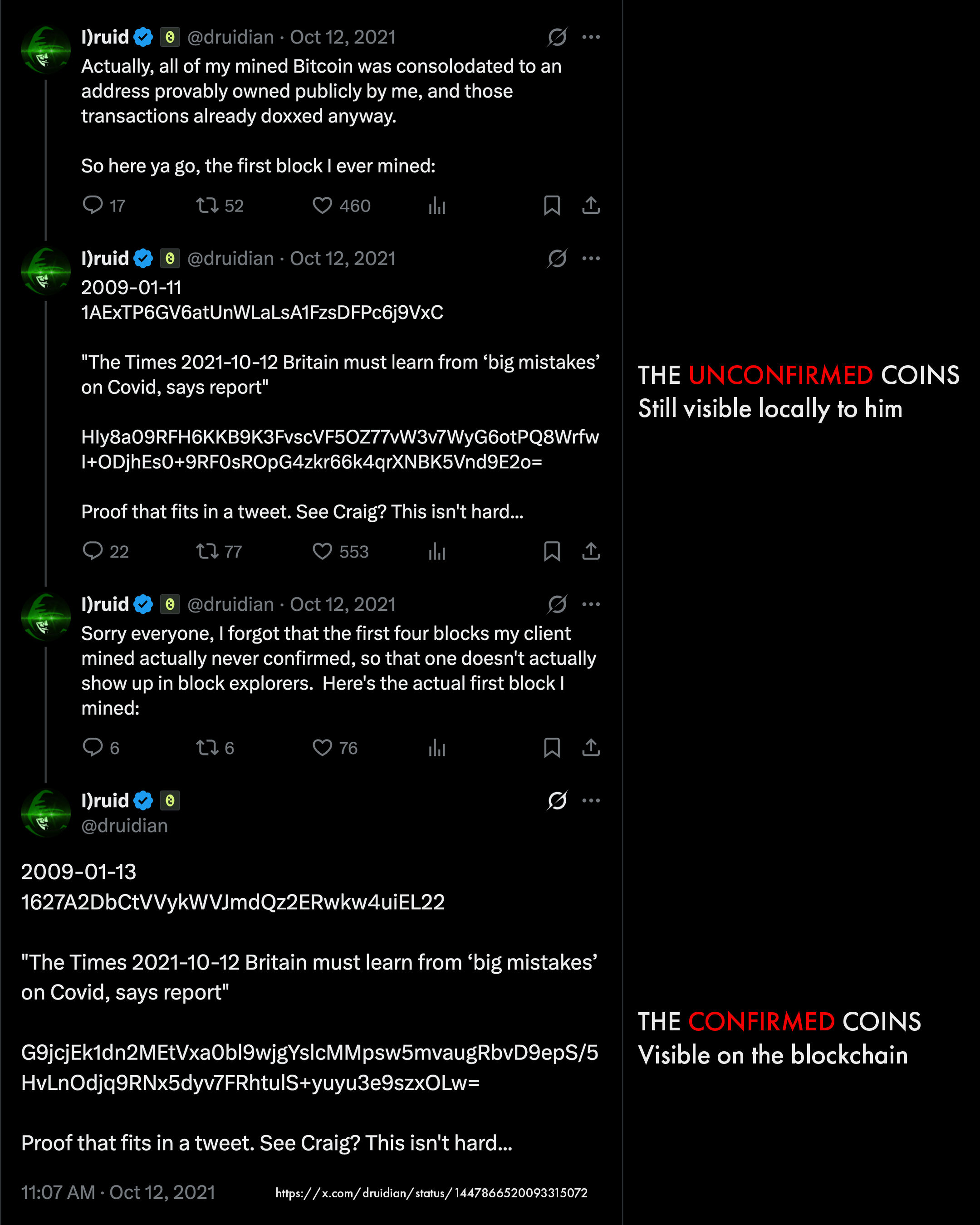 Dustin Trammell @druidian tweet, X post, cryptographic proof of early Bitcoin mining 2009, block 309