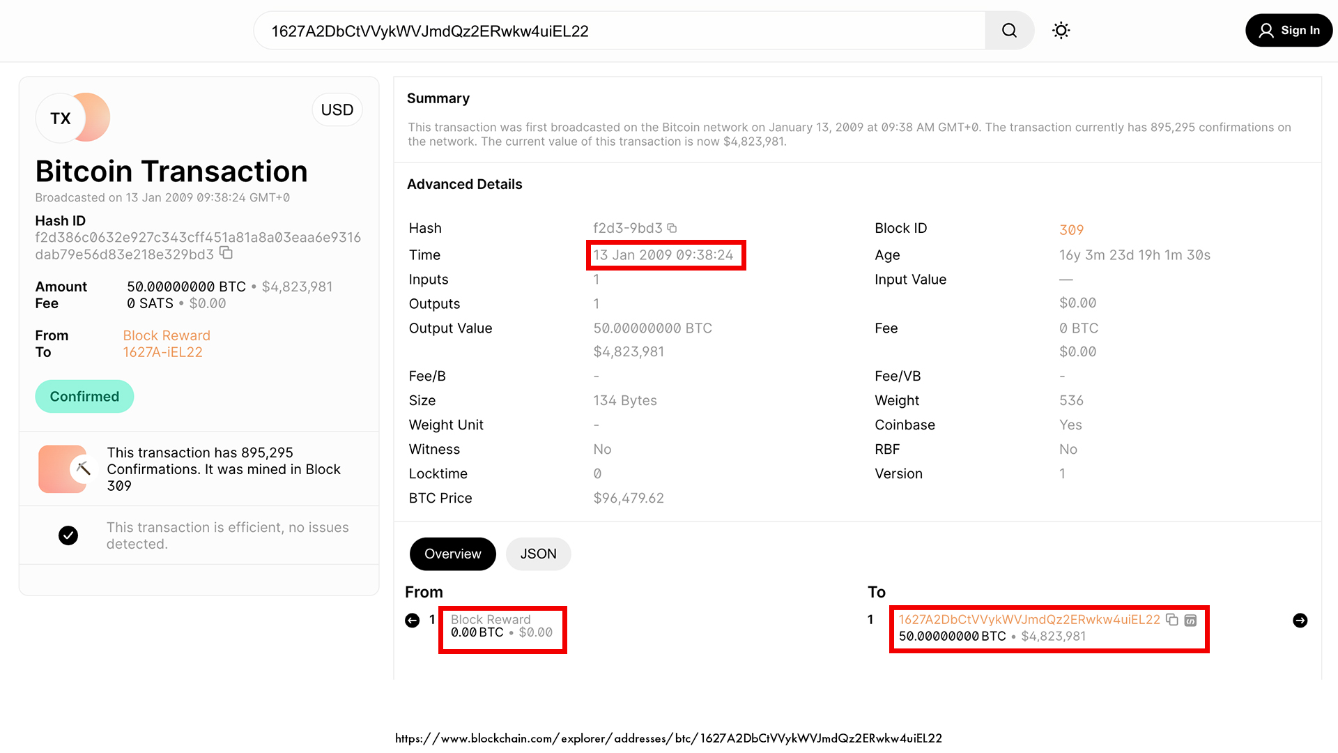 Dustin Trammell mined 50 BTC block 309 reward January 2009