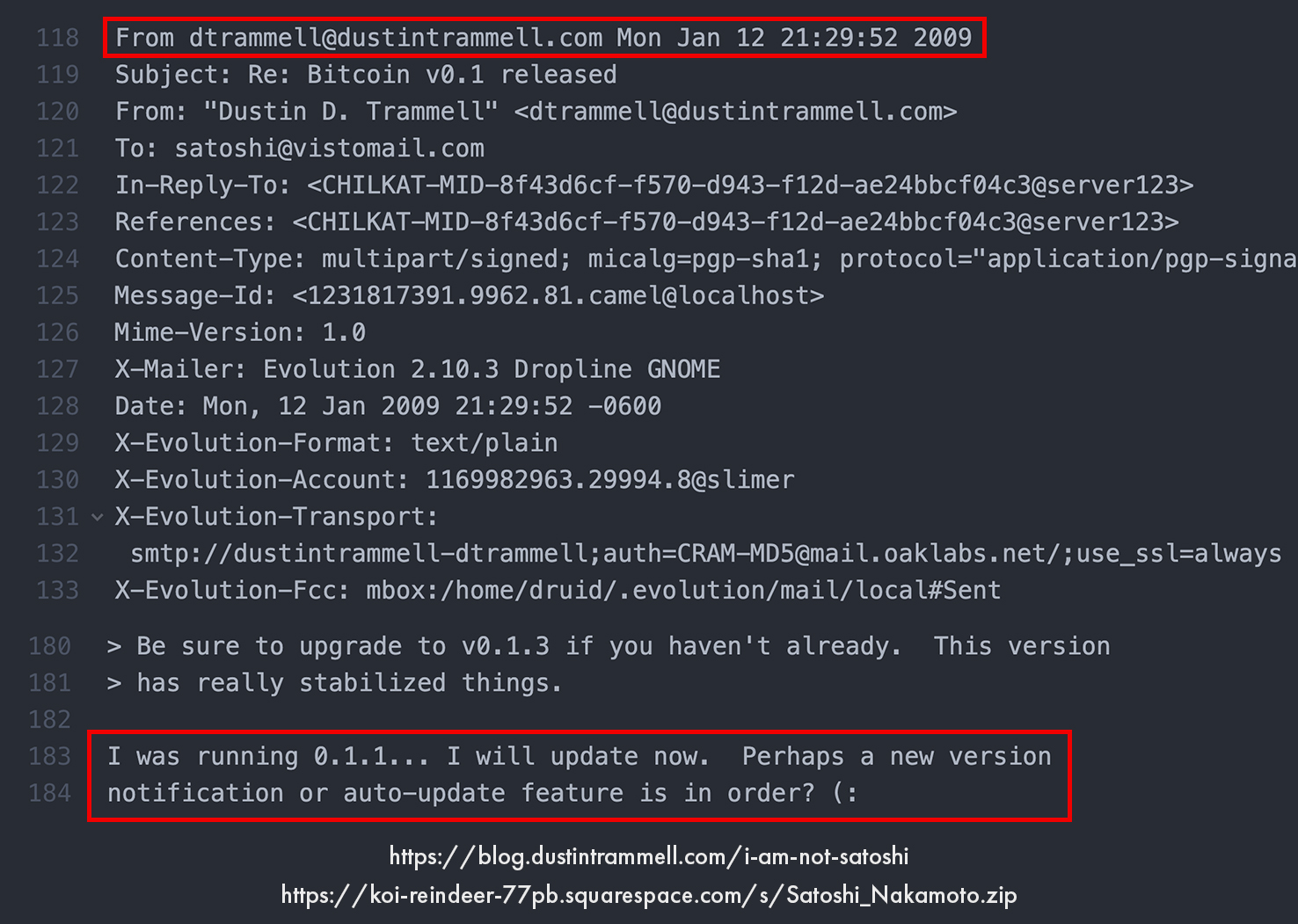 Dustin Trammell private email Satoshi Nakamoto running Bitcoin v0.1.1 early client version