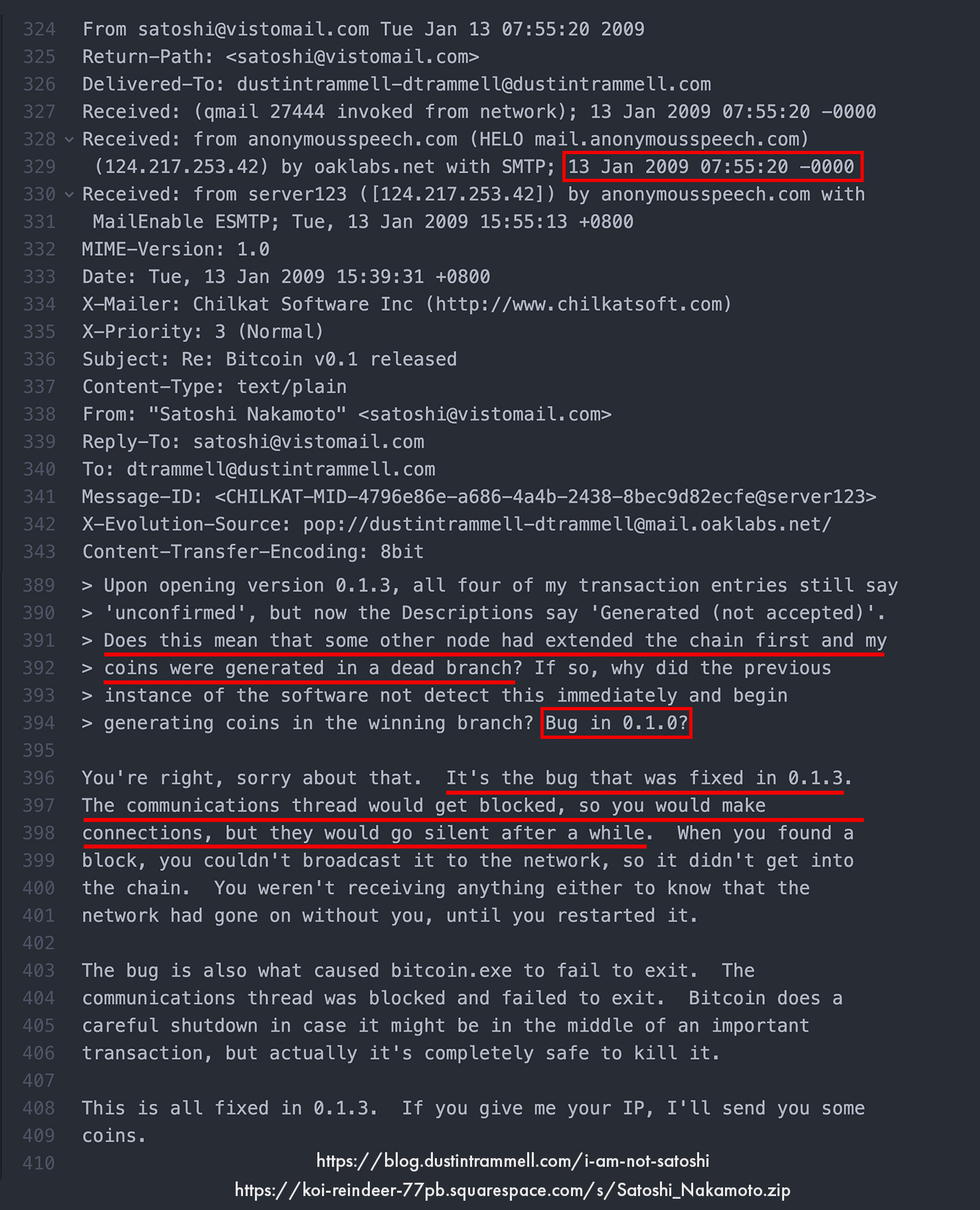 Satoshi Nakamoto bug fix early Bitcoin client v0.1.3 Dustin Trammell private email conversation