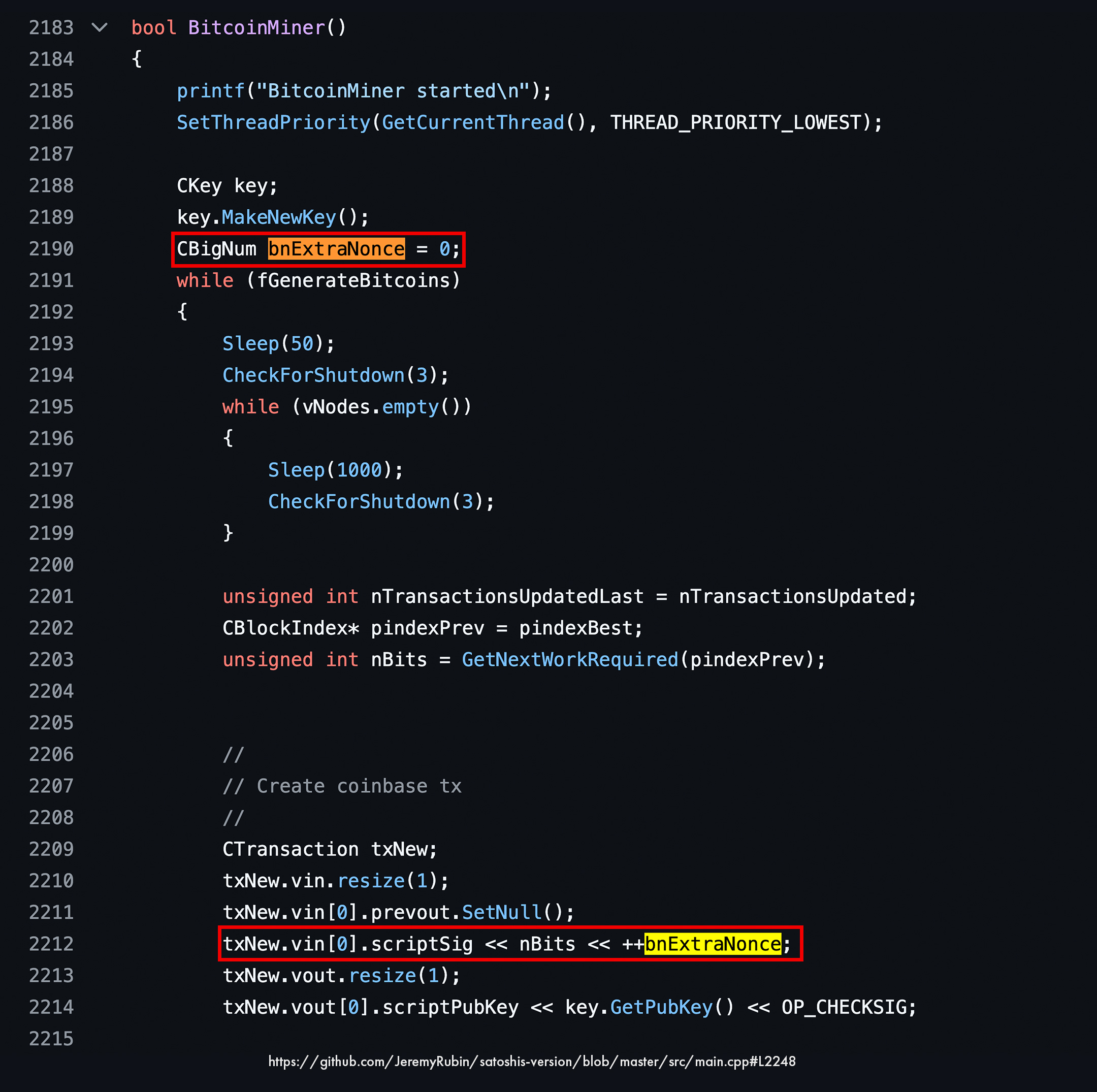 Early Bitcoin client source code Satoshi Nakamoto bug Patoshi Pattern extraNonce