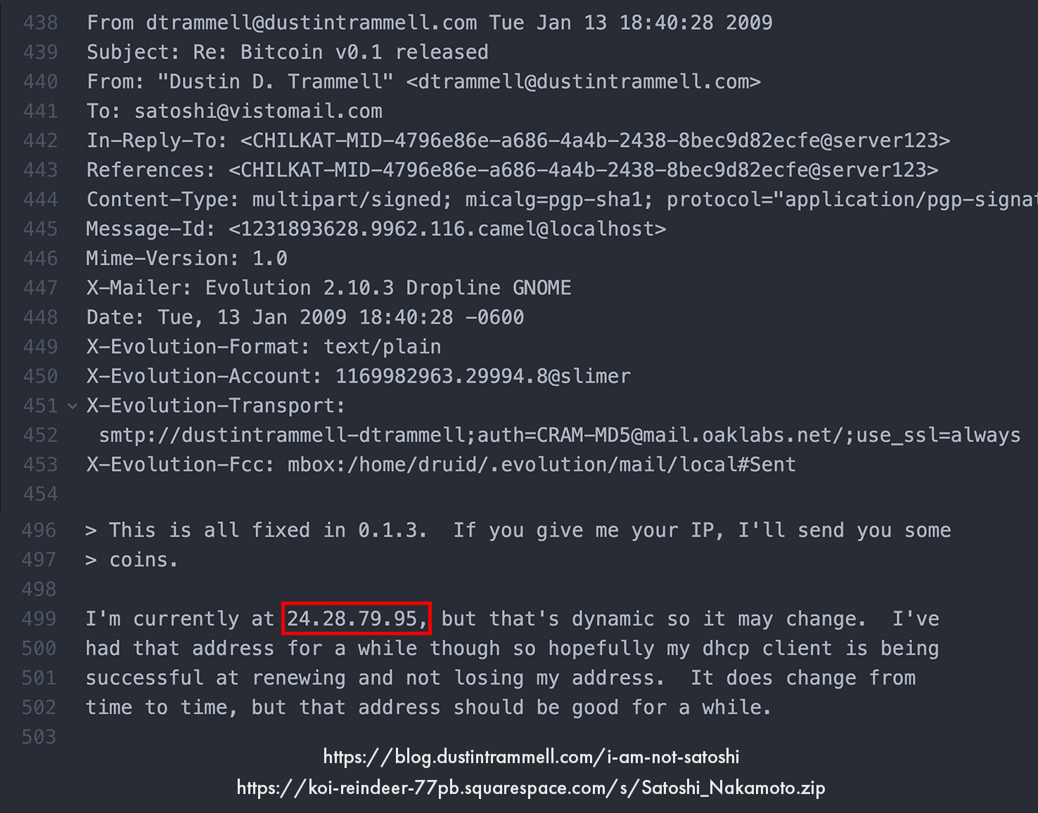 Dustin Trammell Shares IP Address Private Email Satoshi Nakamoto Bitcoin v0.1.3