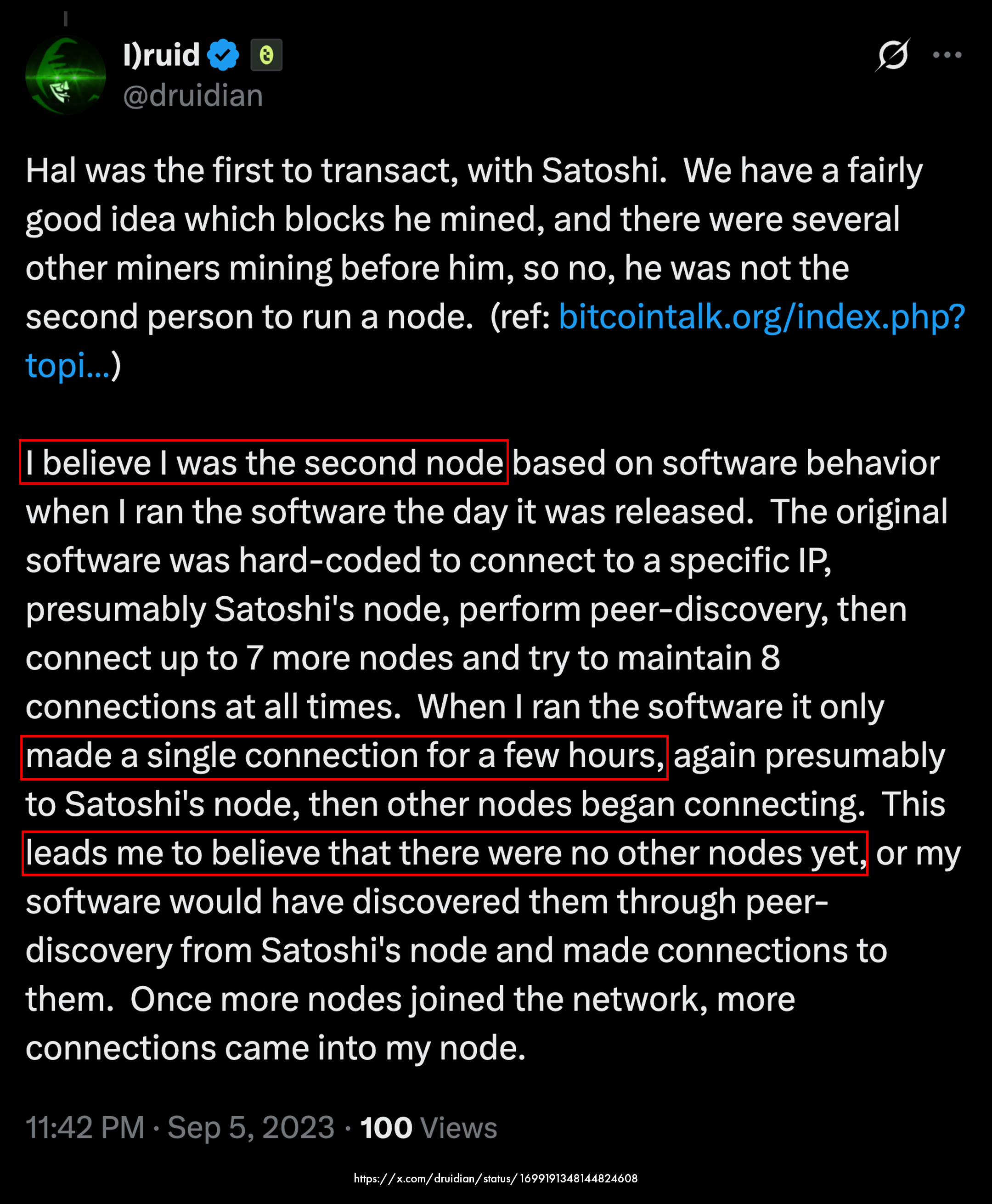 Dustin Trammell @druidian tweet, x post, beat Hal Finney, second node on Bitcoin network after Satoshi Nakamoto