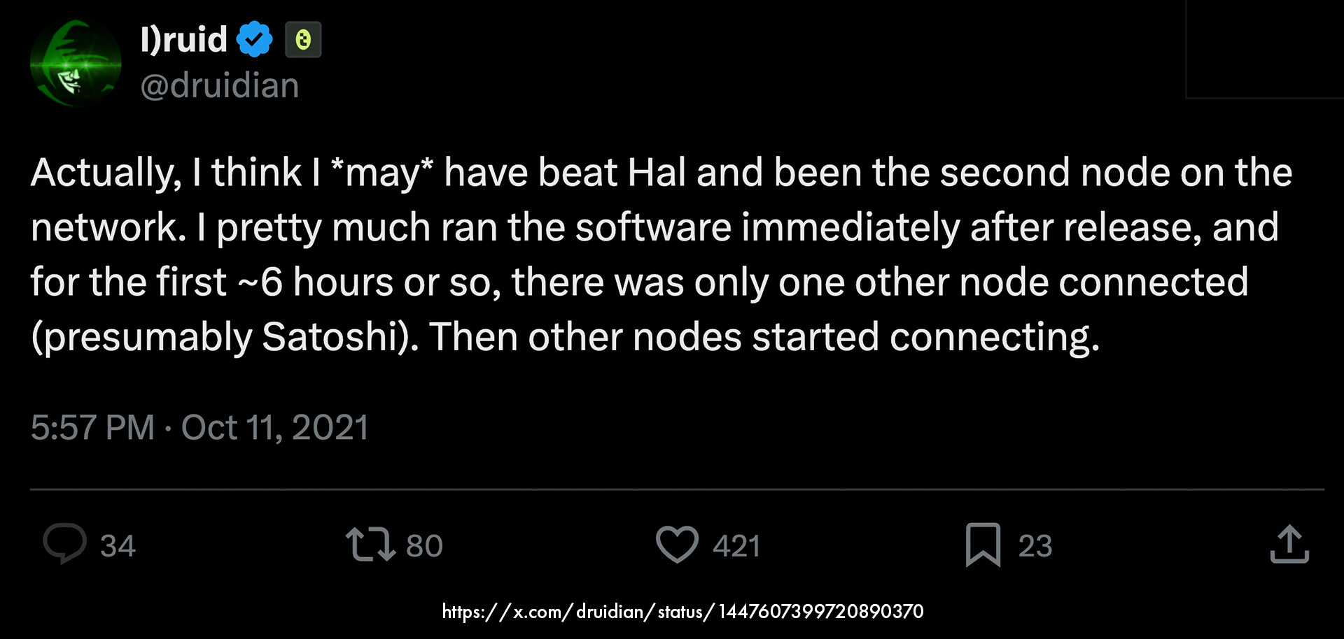 Dustin Trammell @druidian tweet, x post, beat Hal Finney, second node on Bitcoin network after Satoshi Nakamoto