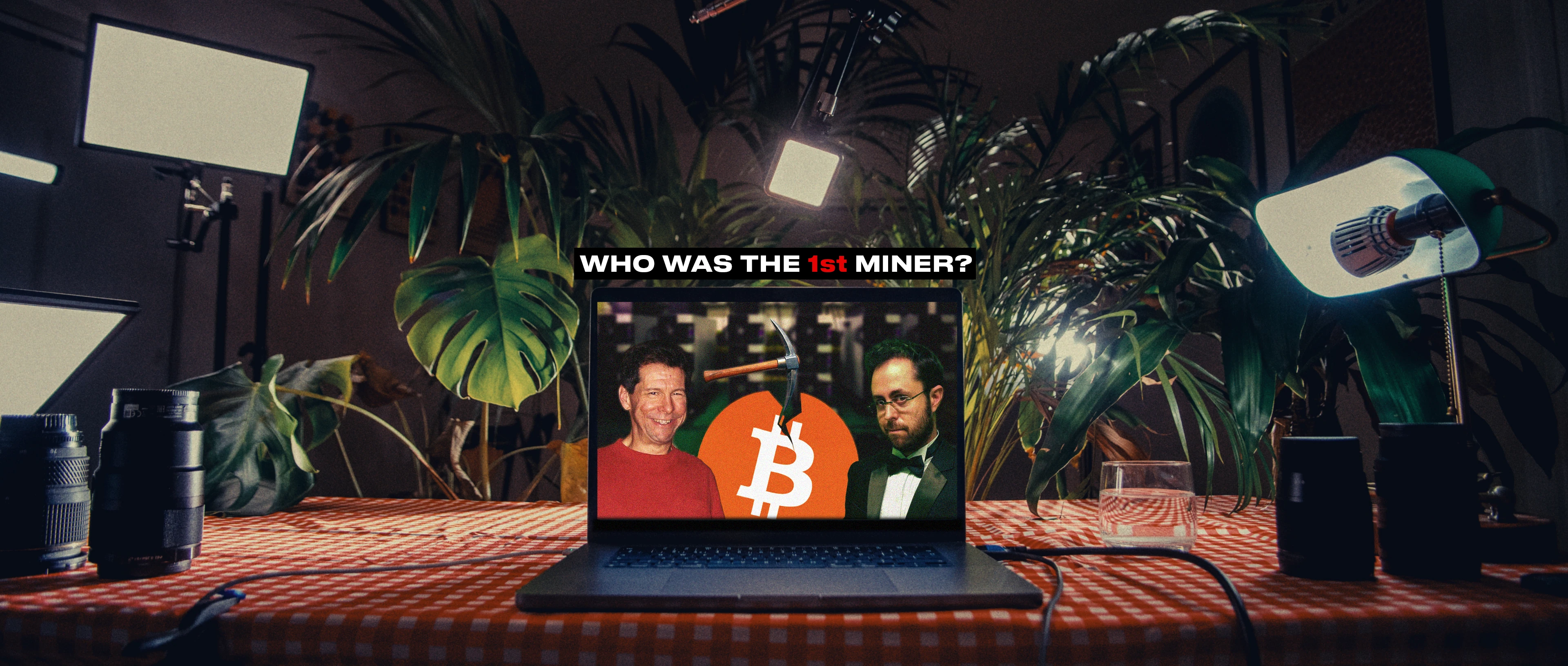 Dustin Trammell and Hal Finney with Bitcoin symbol on laptop, illustrating early Bitcoin mining, Bitcoin launch