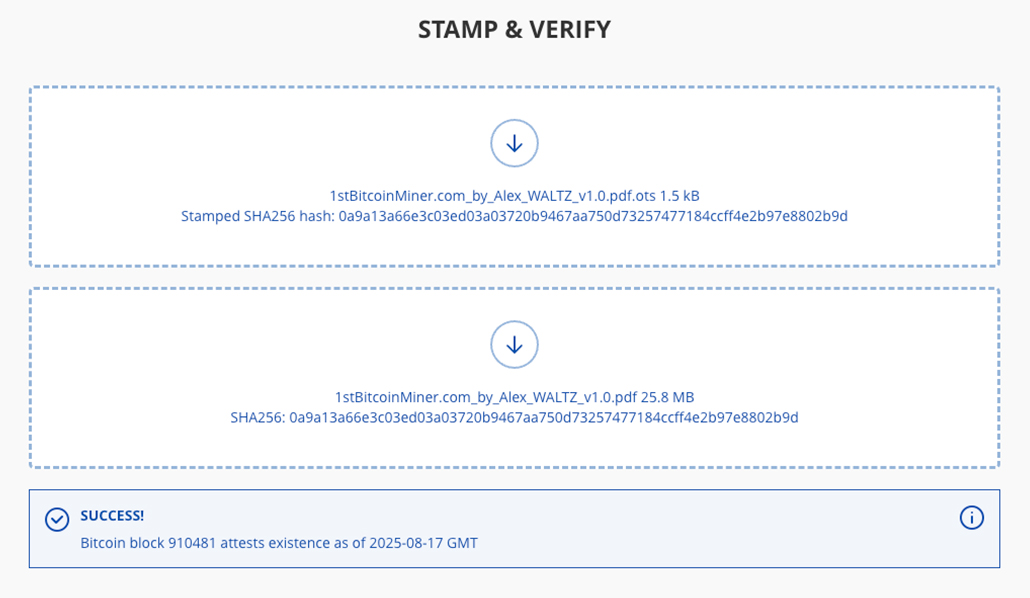 Open Timestamps verification for 1stBitcoinMiner.com